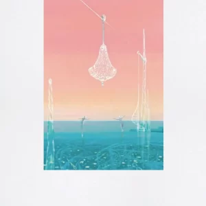 Fotolitografia "No Time" di Lorenzo Zangheri raffigurante un lampadario sospeso sul mare in un paesaggio surreale al tramonto.