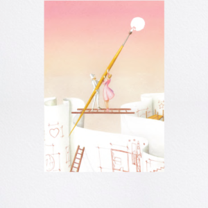 coppia di giovani sposi in equilibrio su una scala sospesa da terra e che sorreggono un pennello gigante con cui disegnano un sole.