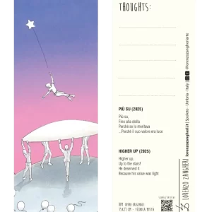 Segnalibro artistico Più su di Lorenzo Zangheri, illustrazione con figure che sollevano un telo e un uomo che vola verso una stella, con nota poetica bilingue italiano-inglese.