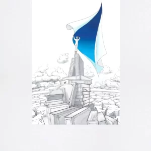 Fotolitografia artistica di Lorenzo Zangheri con figura umana su una pila di libri che apre un grande drappo blu verso il cielo, stampa d'arte ideale come idea regalo per compleanno.