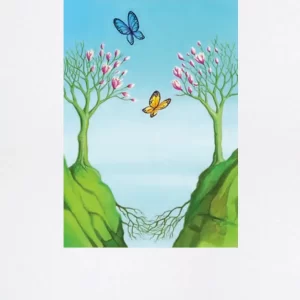 Fotolitografia "Connessi" di Lorenzo Zangheri raffigurante due alberi in fiore uniti dalle radici con farfalle tra i rami.