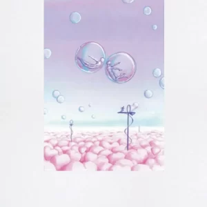 Fotolitografia "Istante" di Lorenzo Zangheri raffigurante due figure sospese in bolle che si sfiorano sopra un paesaggio di nuvole rosa.