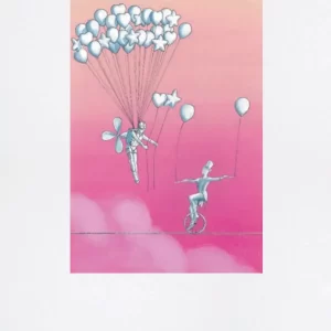 Fotolitografia "Buone Stelle" di Lorenzo Zangheri raffigurante due figure sospese tra palloncini a forma di cuore e stella su sfondo rosa.