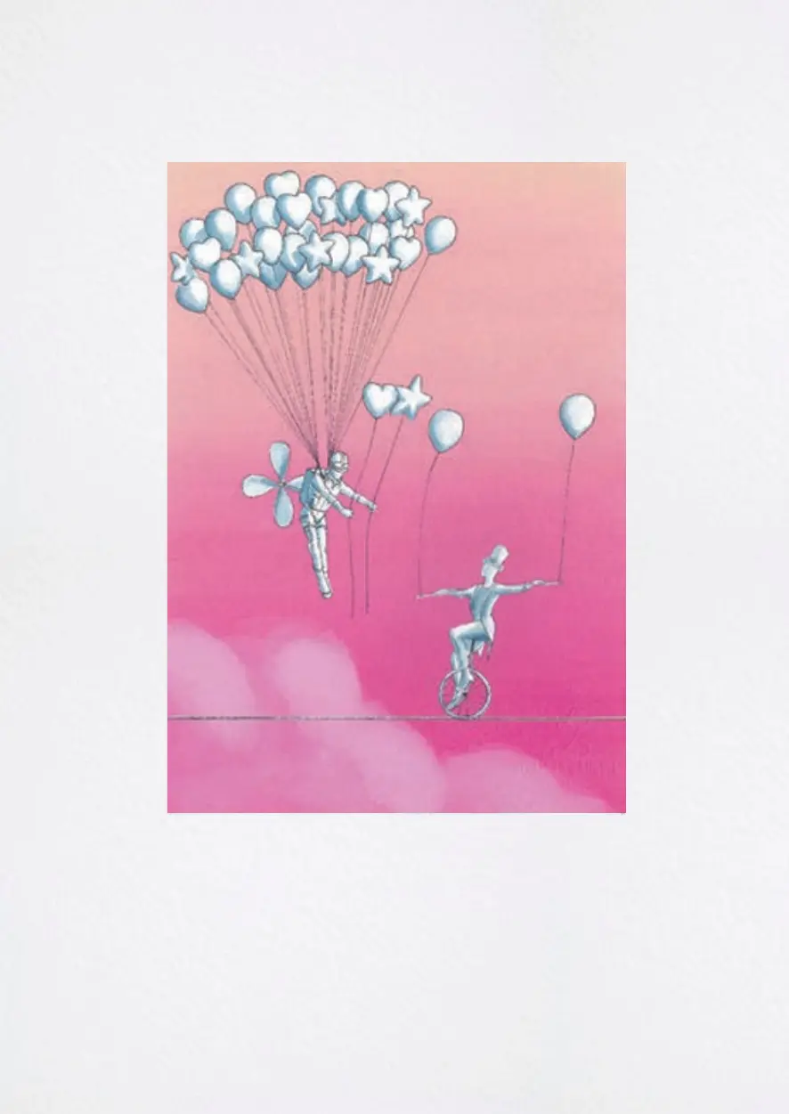 Fotolitografia "Buone Stelle" di Lorenzo Zangheri raffigurante due figure sospese tra palloncini a forma di cuore e stella su sfondo rosa.