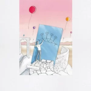 Fotolitografia "L'altra via" di Lorenzo Zangheri raffigurante una persona che disegna un ponte su un grande pannello blu in un paesaggio surreale.