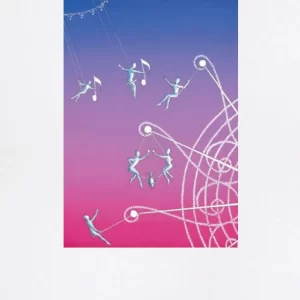 Fotolitografia "Libiam" di Lorenzo Zangheri raffigurante figure sospese tra note musicali e pentagrammi in un cielo dai toni viola e rosa.