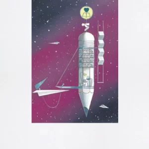 Fotolitografia "Power Station" di Lorenzo Zangheri raffigurante una stazione spaziale tra le stelle con figure, aeroplanini di carta e insegna a forma di cuore.