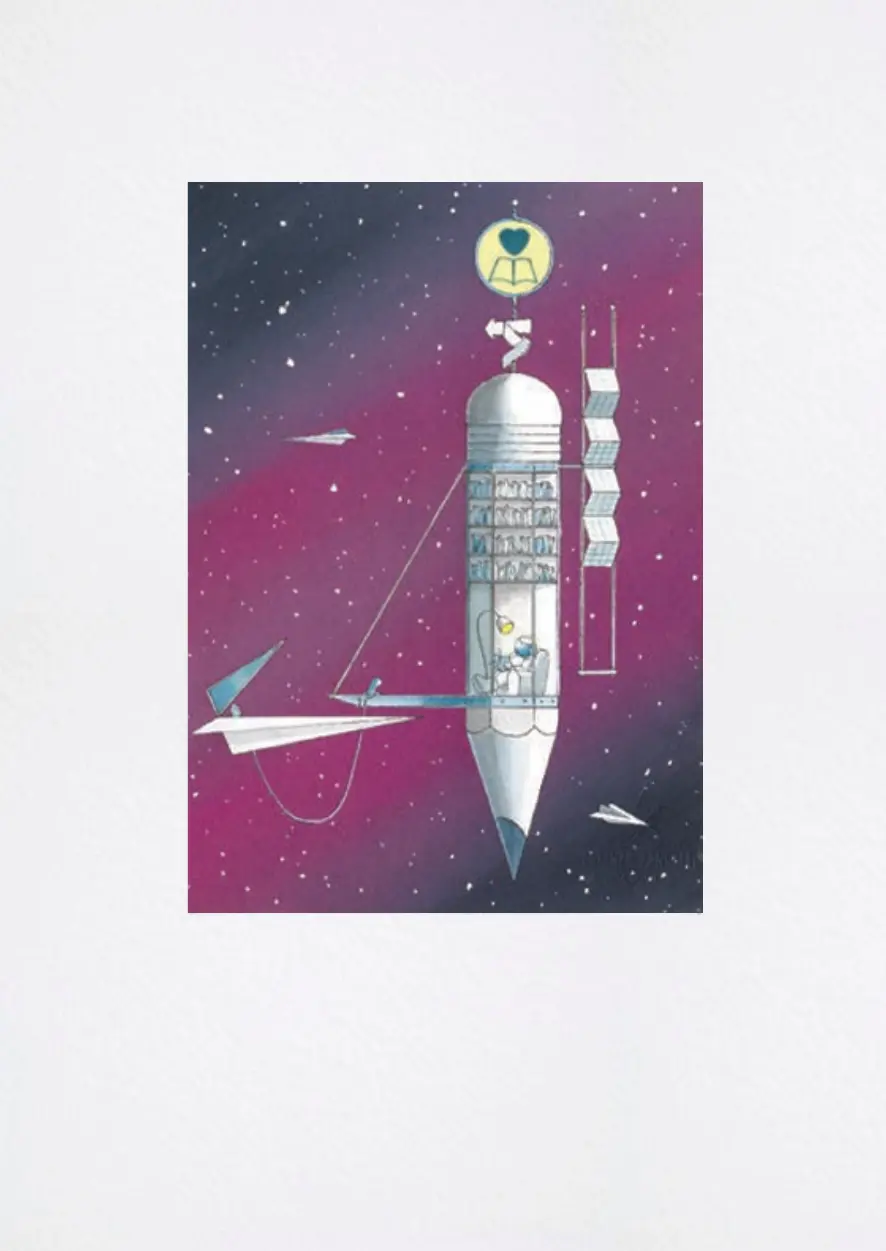 Fotolitografia "Power Station" di Lorenzo Zangheri raffigurante una stazione spaziale tra le stelle con figure, aeroplanini di carta e insegna a forma di cuore.
